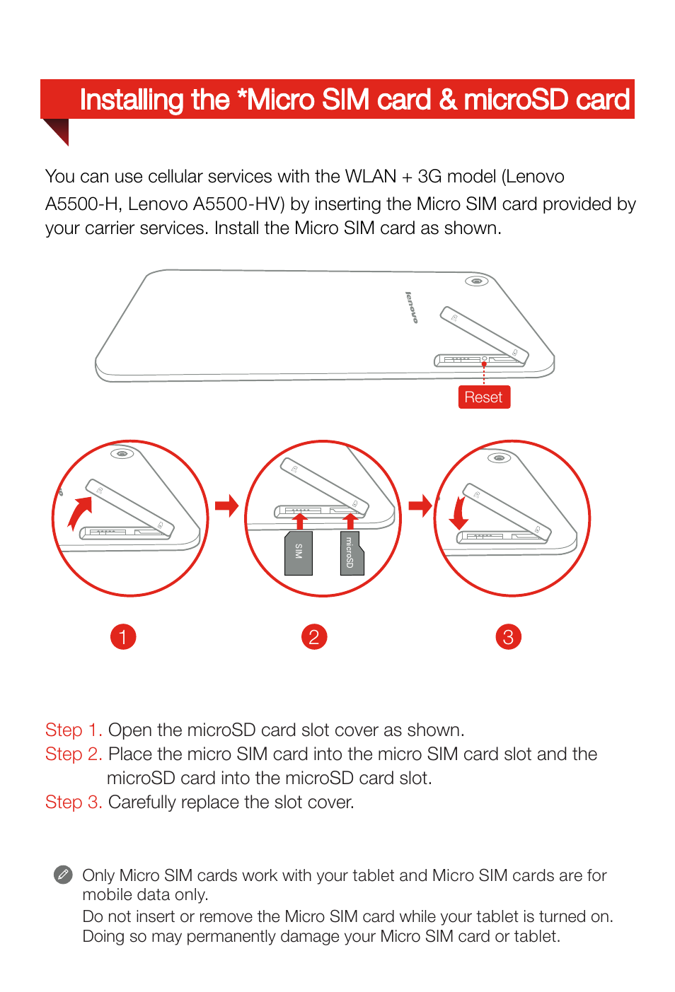 Installing the *micro sim card & microsd card | Lenovo A8-50 Tablet User Manual | Page 6 / 80
