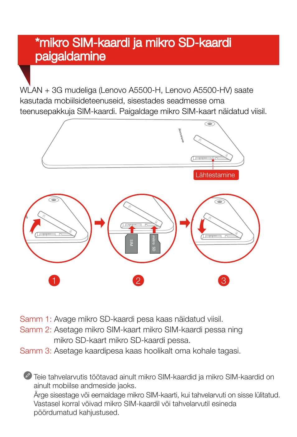 Mikro sim-kaardi ja mikro sd-kaardi paigaldamine | Lenovo A8-50 Tablet User Manual | Page 61 / 80