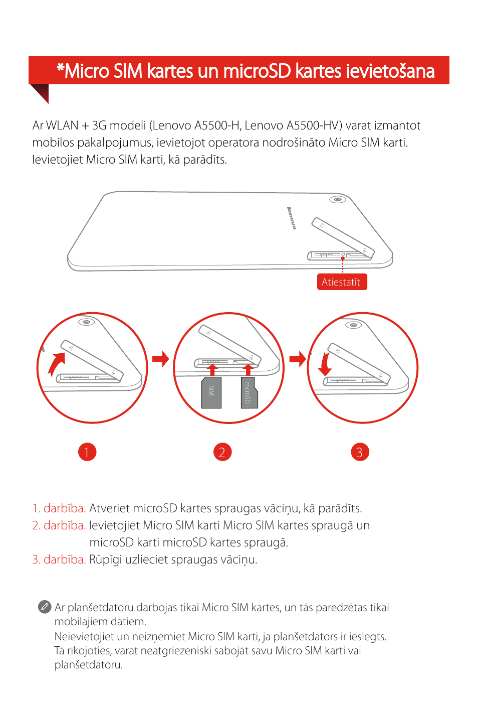 Micro sim kartes un microsd kartes ievietošana | Lenovo A8-50 Tablet User Manual | Page 66 / 80