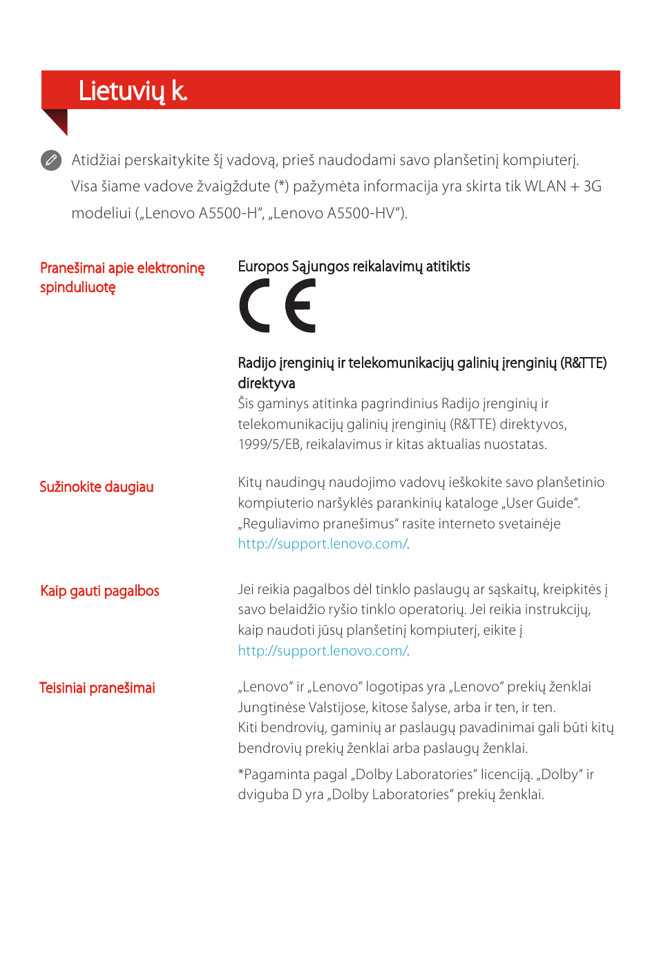 Lietuvių k | Lenovo A8-50 Tablet User Manual | Page 68 / 80