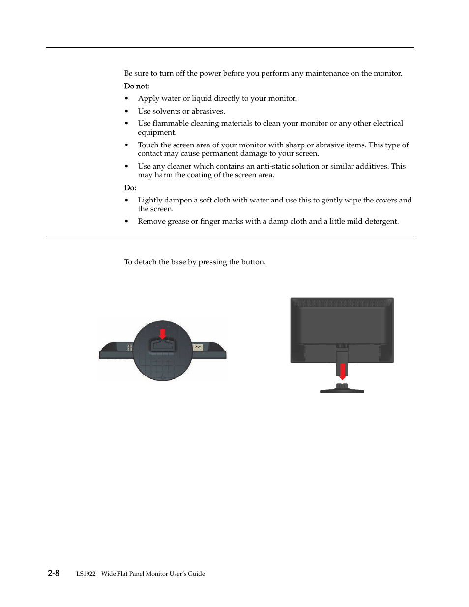 Caring for your monitor, Detaching the monitor stand | Lenovo LS1922s 18.5-inch LED Backlit LCD monitor User Manual | Page 16 / 30