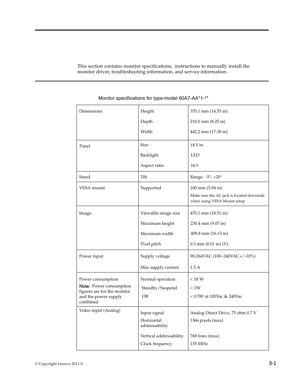 Chapter 3. reference information, Monitor specifications | Lenovo LS1922s 18.5-inch LED Backlit LCD monitor User Manual | Page 17 / 30