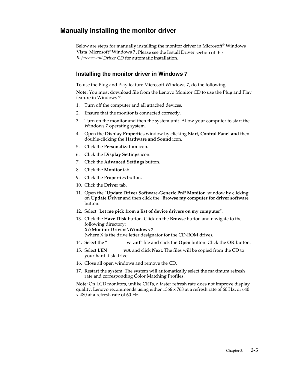 Manually installing the monitor driver | Lenovo LS1922s 18.5-inch LED Backlit LCD monitor User Manual | Page 21 / 30