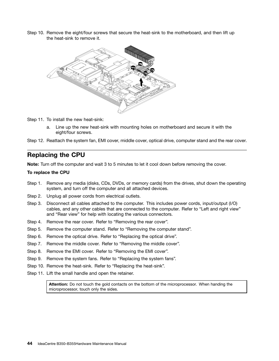 Replacing the cpu | Lenovo IdeaCentre B350 All-in-One User Manual | Page 50 / 67