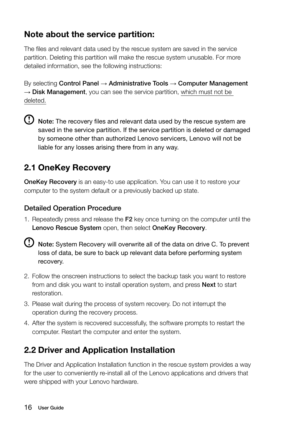 1 onekey recovery, 2 driver and application installation | Lenovo IdeaCentre A320 User Manual | Page 21 / 39