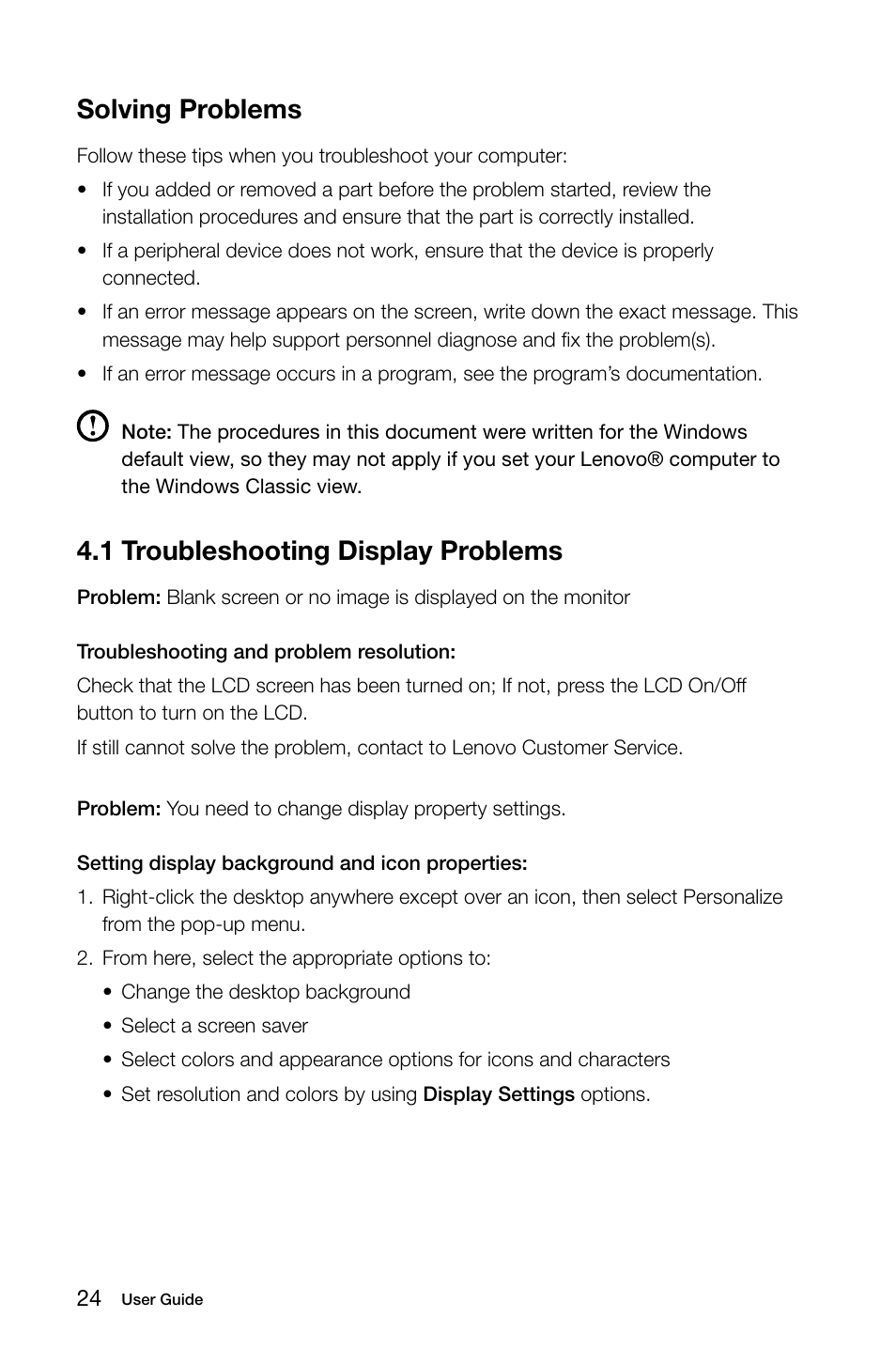 1 troubleshooting display problems, Solving problems | Lenovo IdeaCentre A320 User Manual | Page 29 / 39