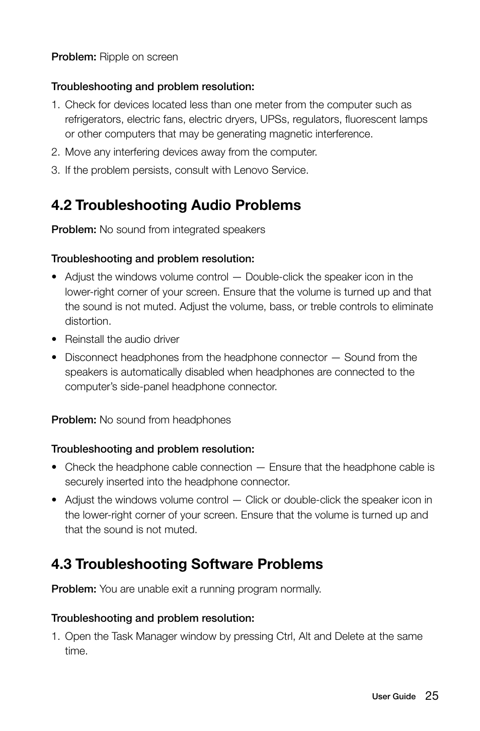 2 troubleshooting audio problems, 3 troubleshooting software problems | Lenovo IdeaCentre A320 User Manual | Page 30 / 39
