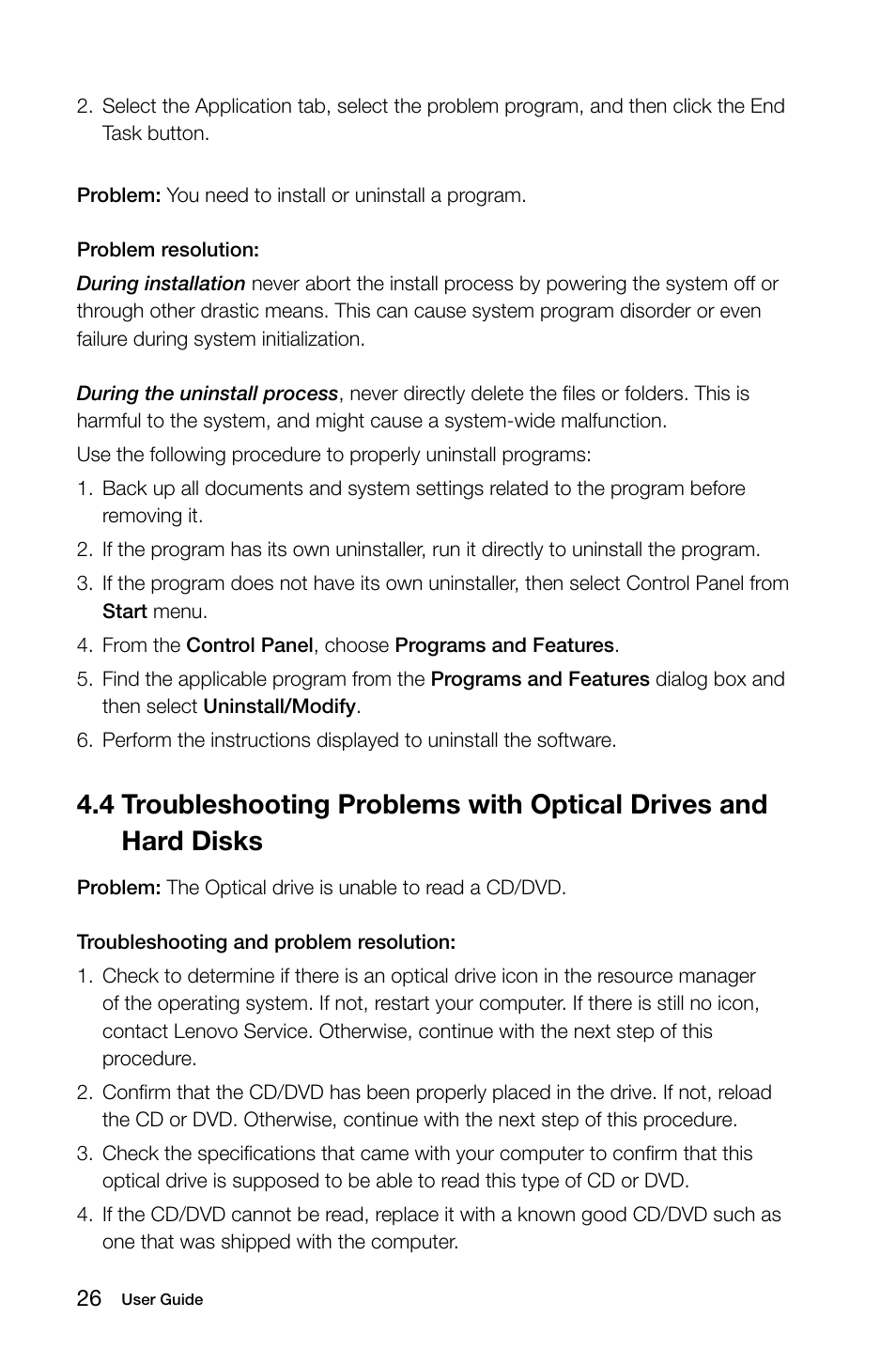 4 troubleshooting problems with optical drives and, Hard disks | Lenovo IdeaCentre A320 User Manual | Page 31 / 39