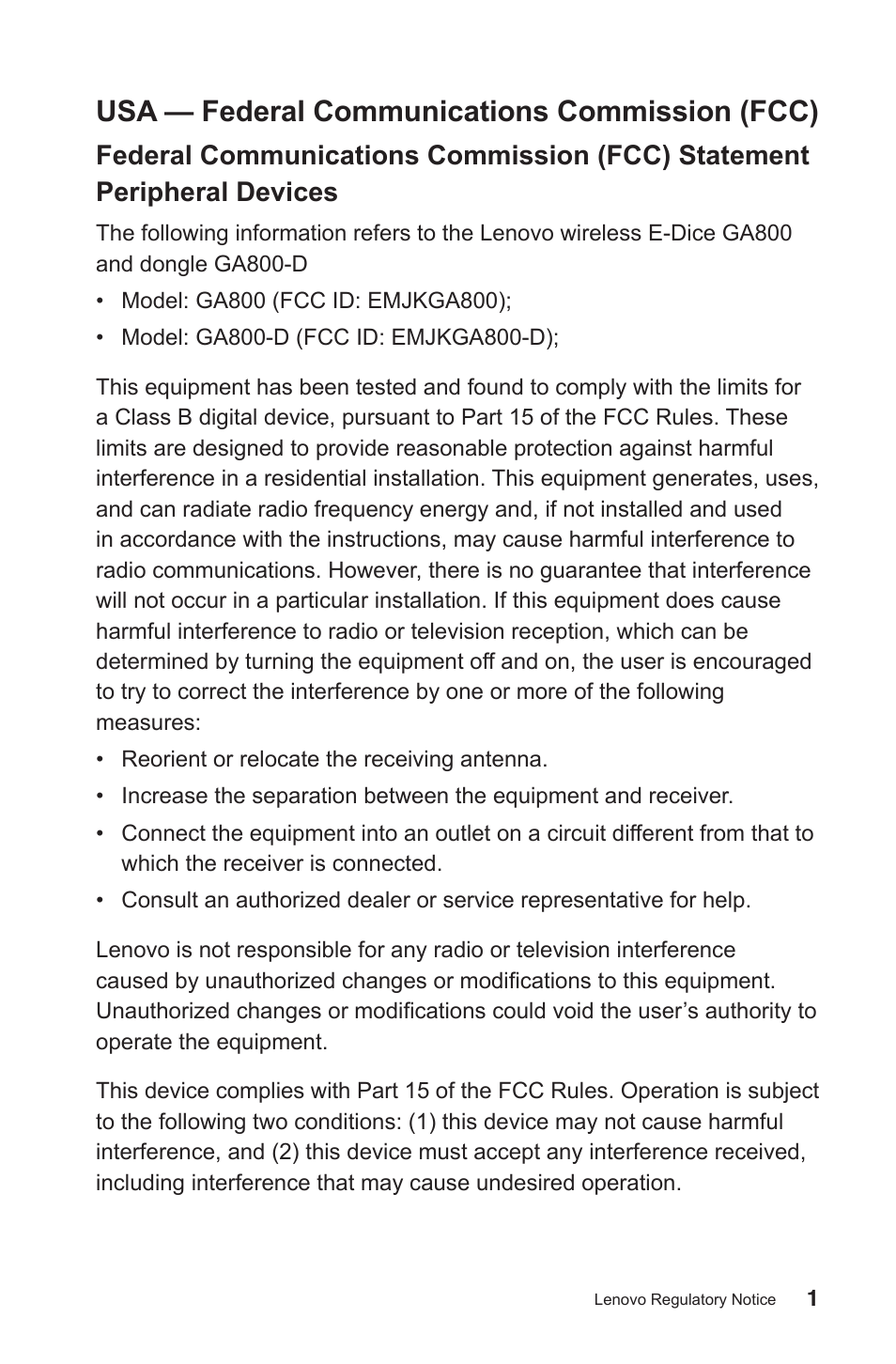 Usa — federal communications commission (fcc) | Lenovo Horizon 27 Table PC IdeaCentre User Manual | Page 2 / 9