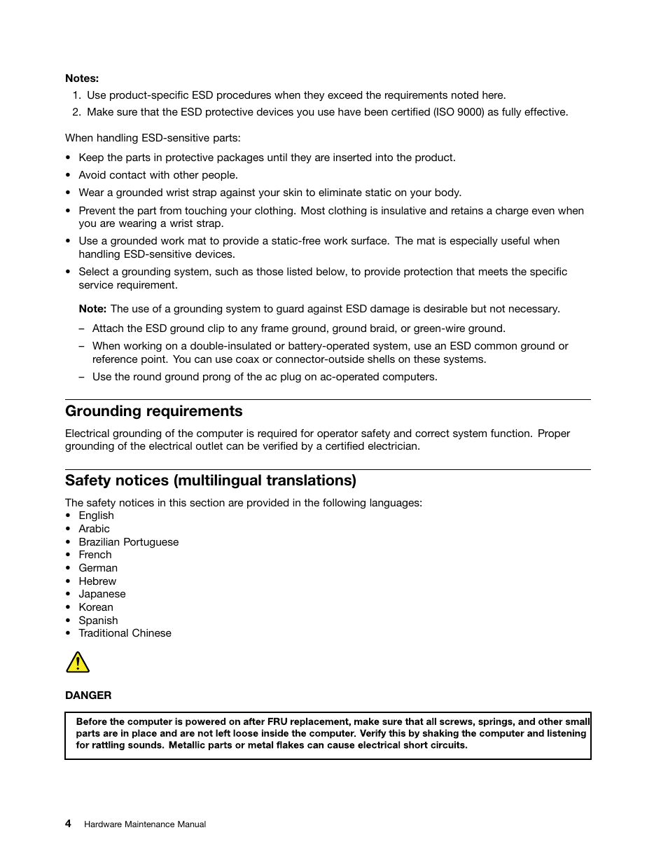 Grounding requirements, Safety notices (multilingual translations) | Lenovo B430 Notebook User Manual | Page 10 / 106