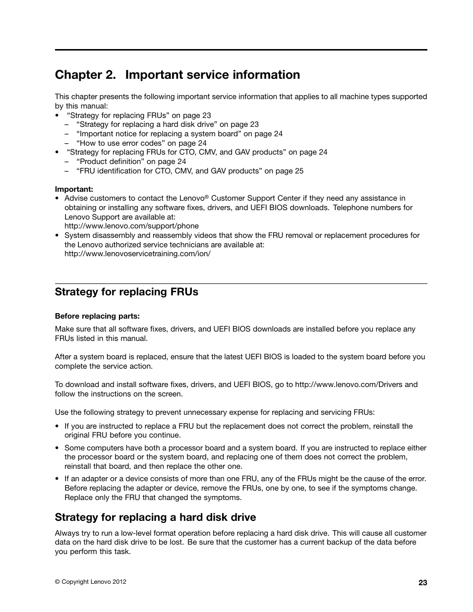 Chapter 2. important service information, Strategy for replacing frus, Strategy for replacing a hard disk drive | Lenovo B430 Notebook User Manual | Page 29 / 106