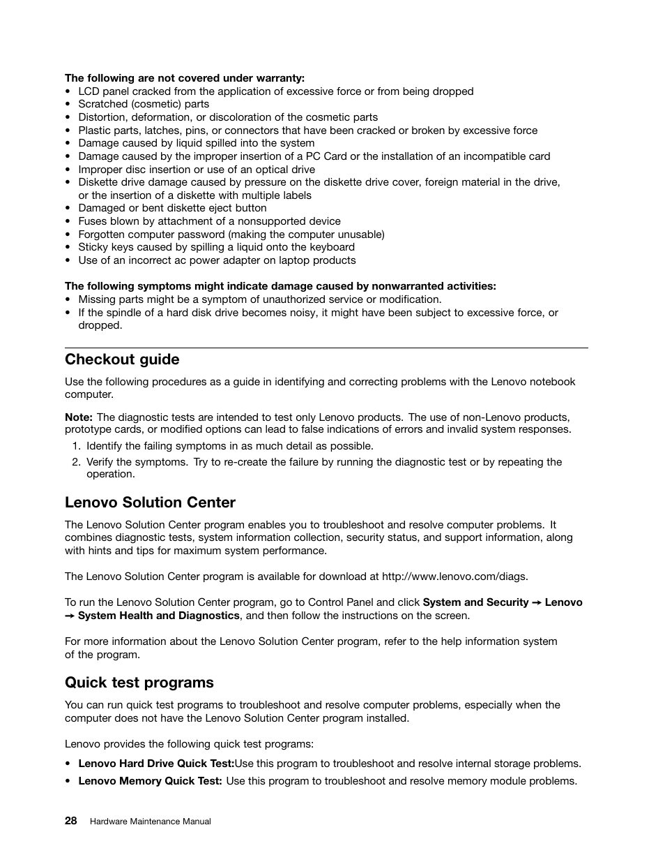 Checkout guide, Lenovo solution center, Quick test programs | Lenovo B430 Notebook User Manual | Page 34 / 106