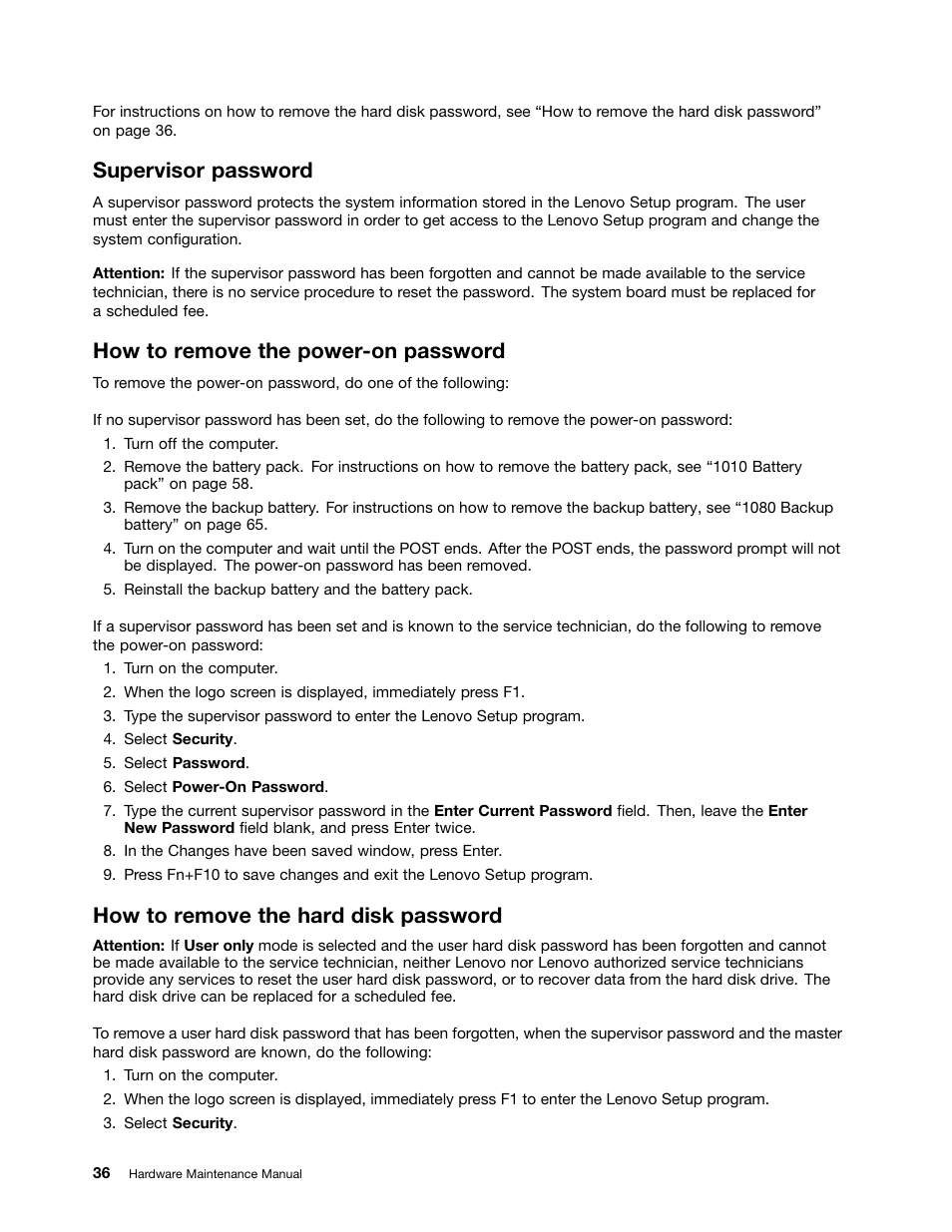 Supervisor password, How to remove the power-on password, How to remove the hard disk password | Lenovo B430 Notebook User Manual | Page 42 / 106