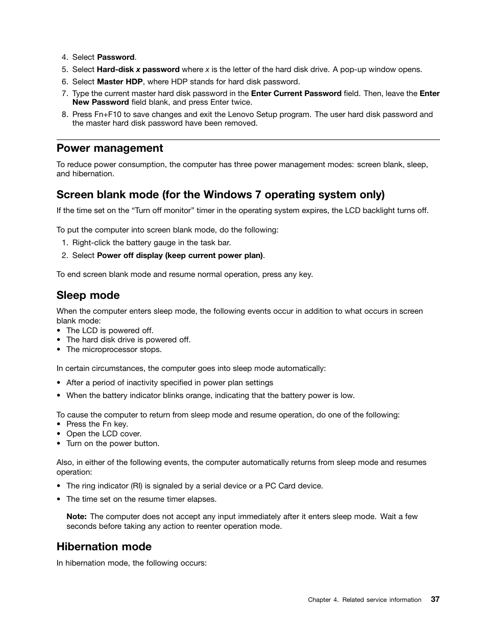 Power management, Sleep mode, Hibernation mode | Lenovo B430 Notebook User Manual | Page 43 / 106