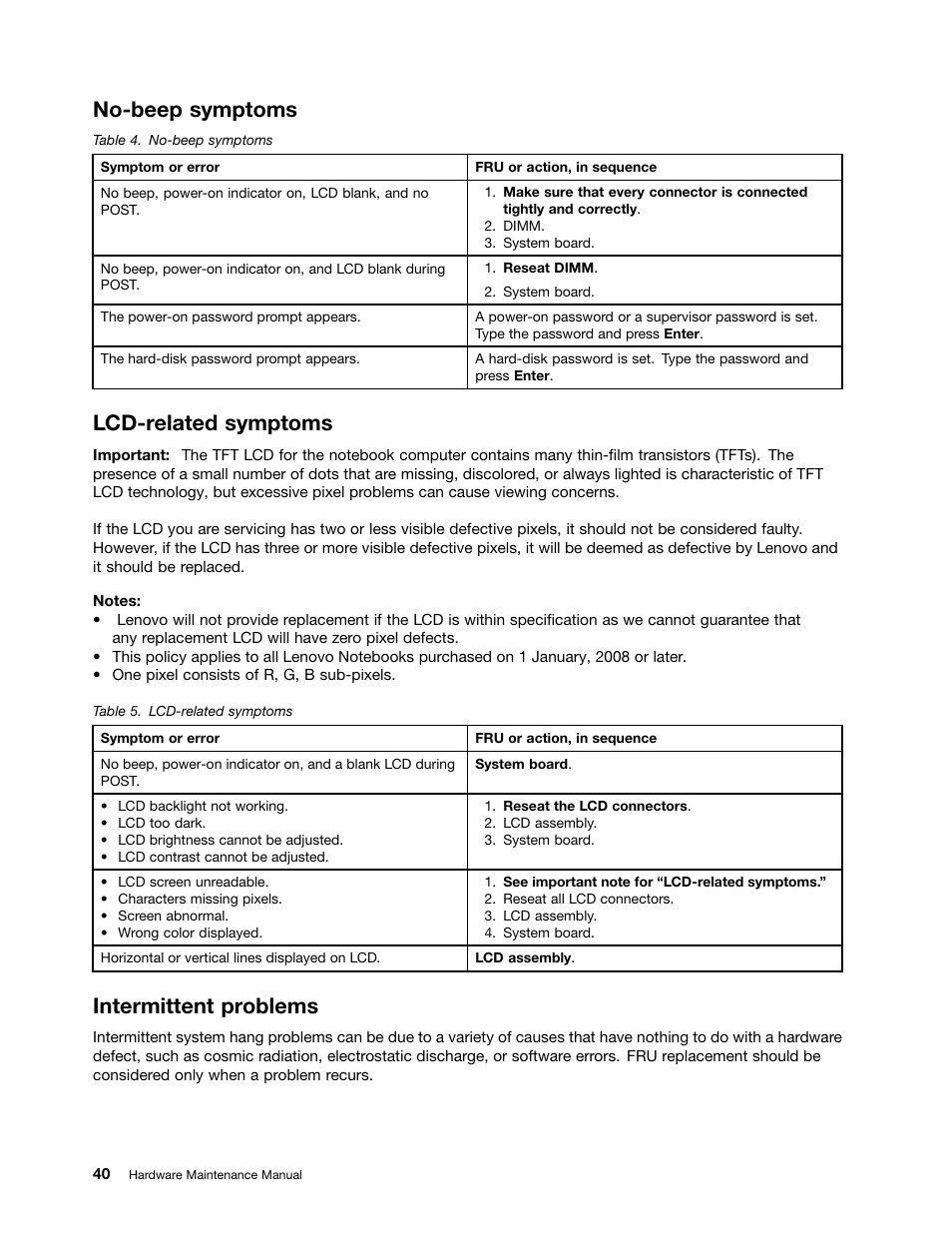 No-beep symptoms, Lcd-related symptoms, Intermittent problems | Lenovo B430 Notebook User Manual | Page 46 / 106