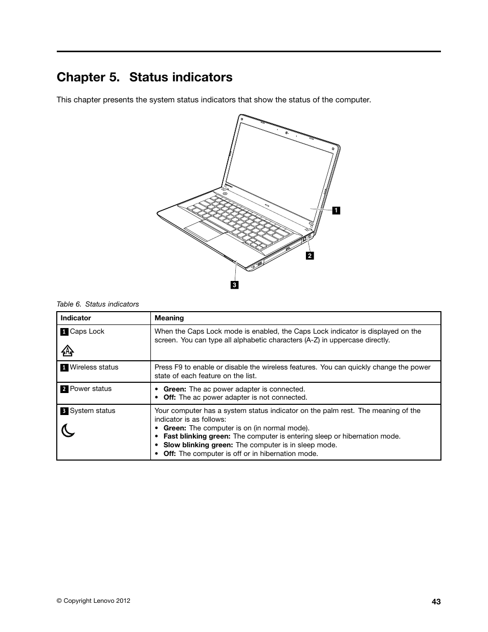 Chapter 5. status indicators | Lenovo B430 Notebook User Manual | Page 49 / 106