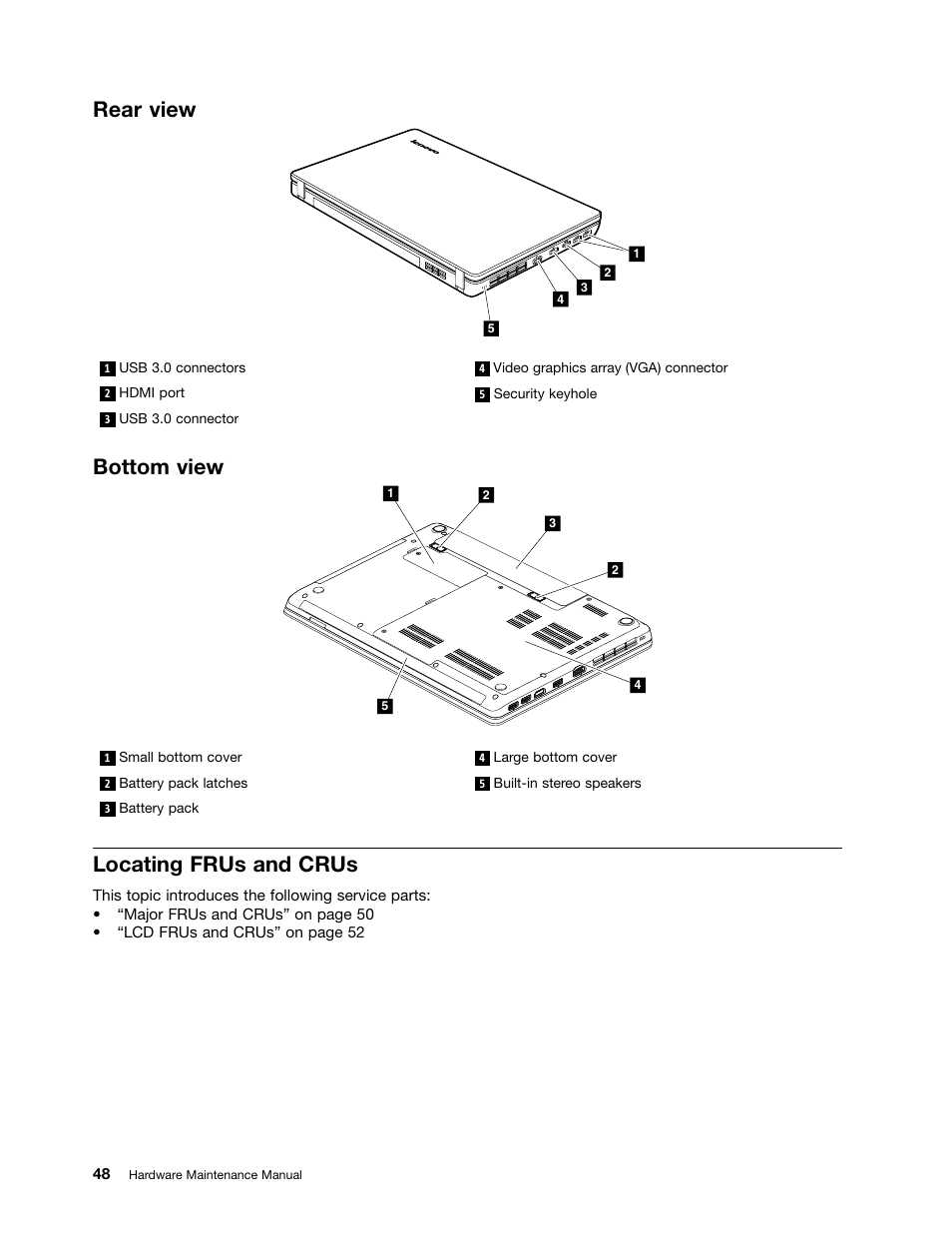 Rear view, Bottom view, Locating frus and crus | Lenovo B430 Notebook User Manual | Page 54 / 106