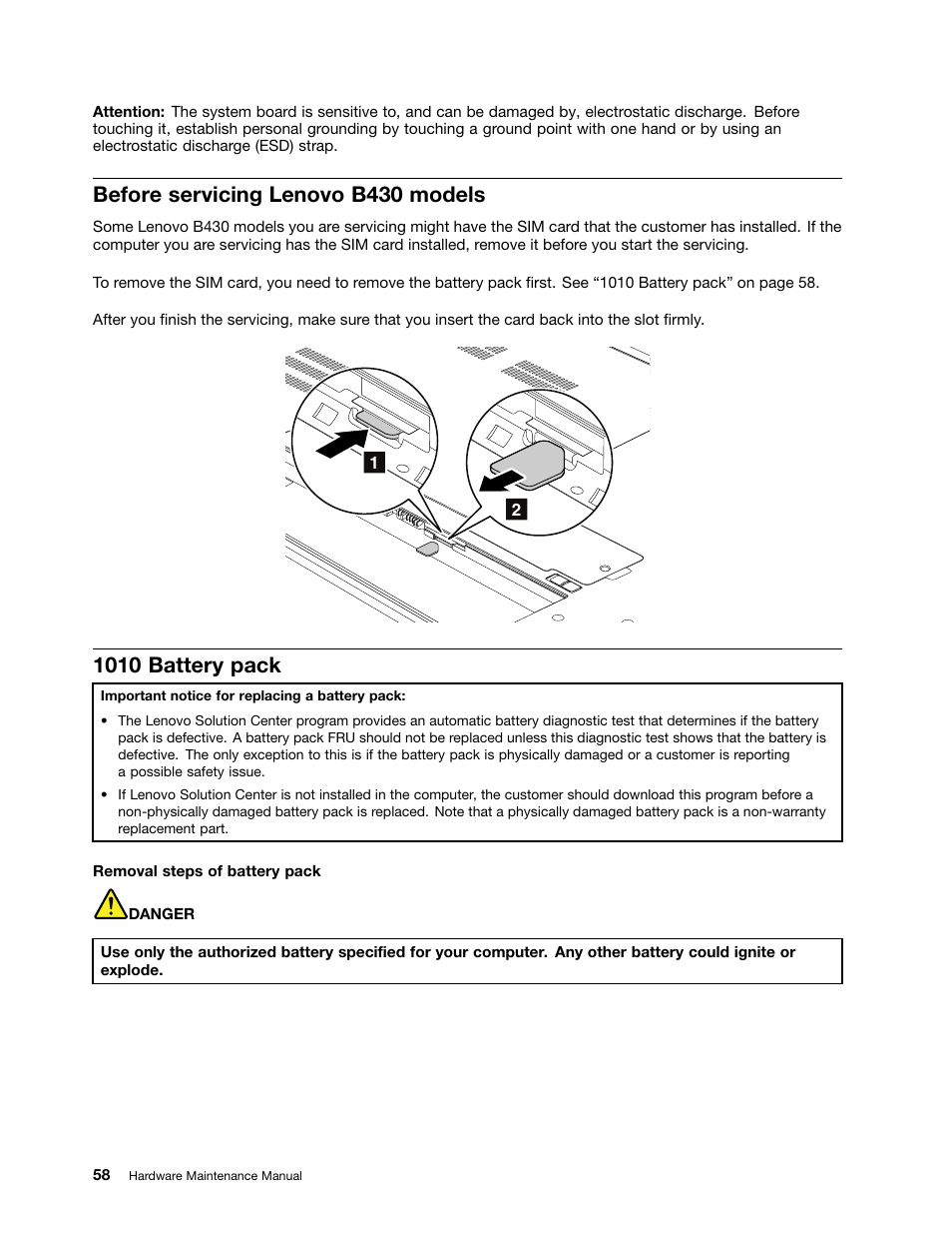 Before servicing lenovo b430 models, 1010 battery pack, 1010 battery | Lenovo B430 Notebook User Manual | Page 64 / 106