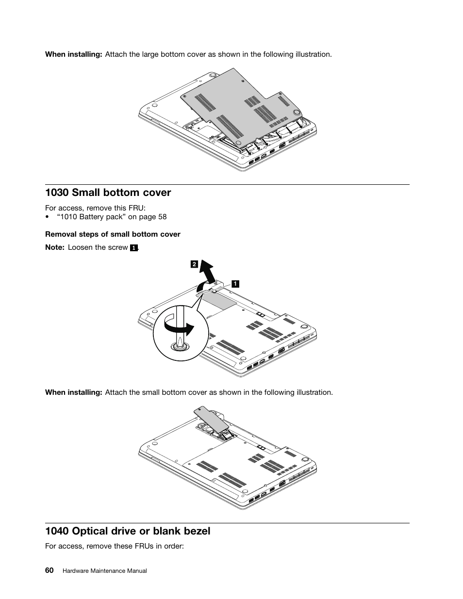 1030 small bottom cover, 1040 optical drive or blank bezel | Lenovo B430 Notebook User Manual | Page 66 / 106