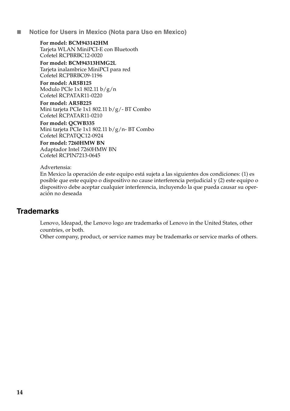 Trademarks | Lenovo IdeaPad Z710 Notebook User Manual | Page 14 / 14