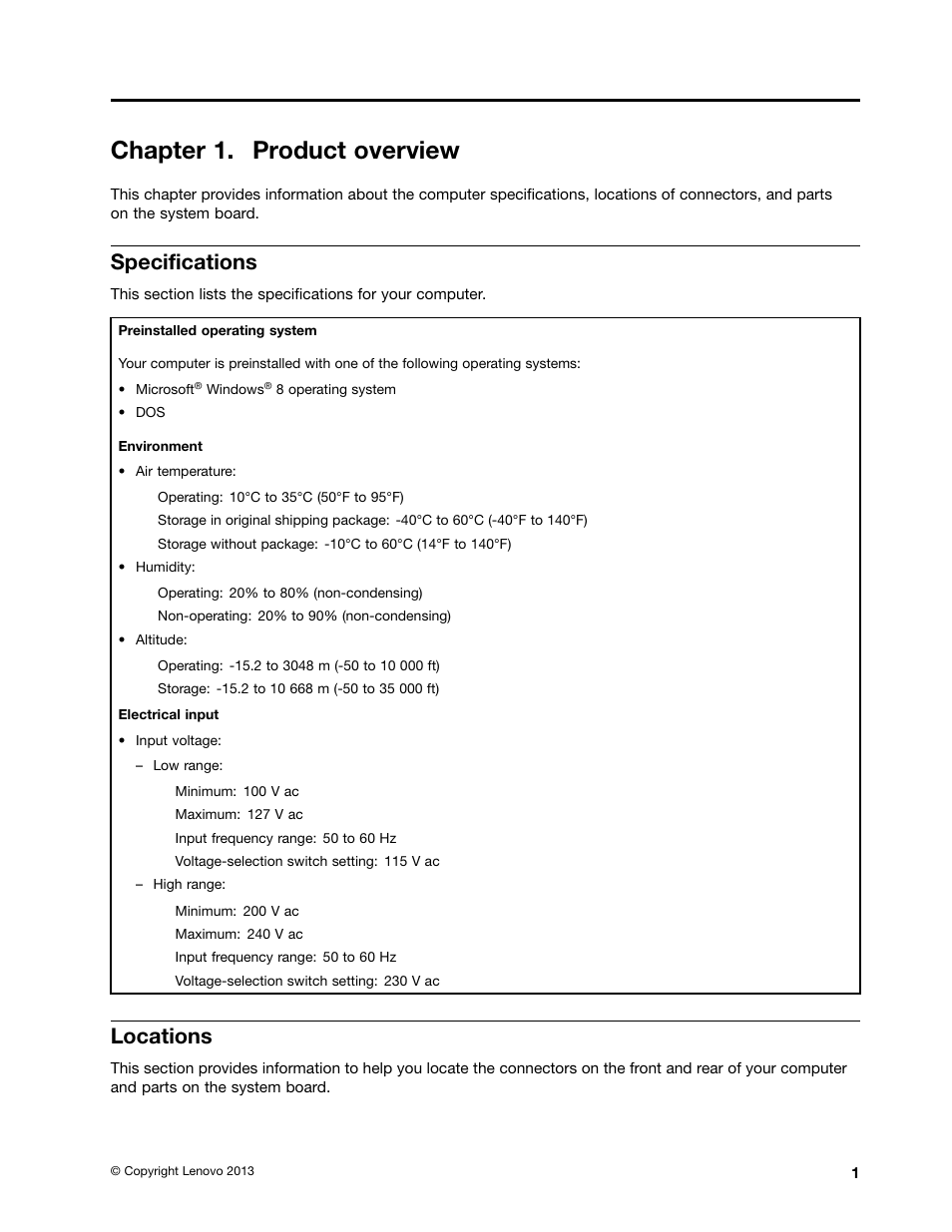 Chapter 1. product overview, Specifications, Locations | Lenovo M4350 Desktop User Manual | Page 11 / 70