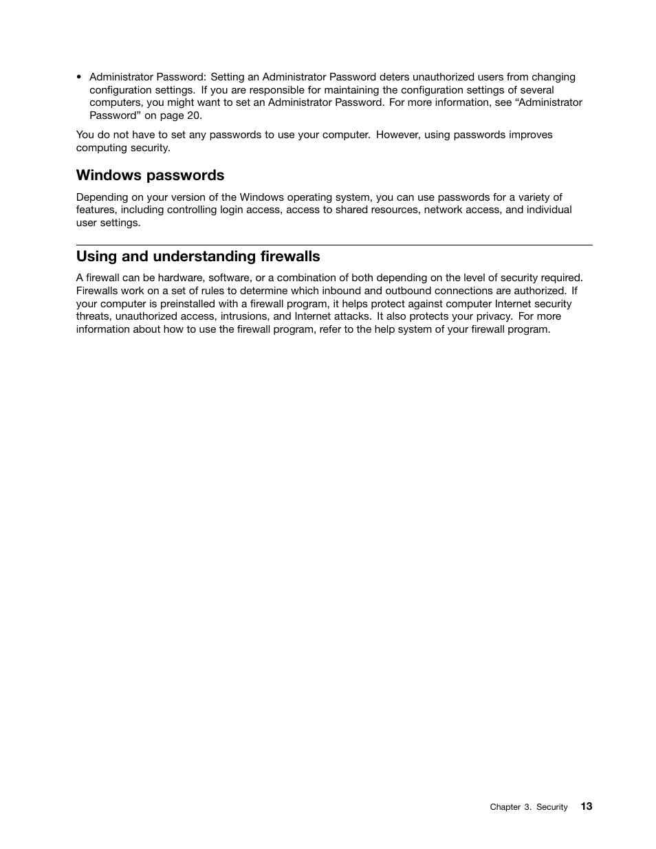 Windows passwords, Using and understanding firewalls | Lenovo M4350 Desktop User Manual | Page 23 / 70