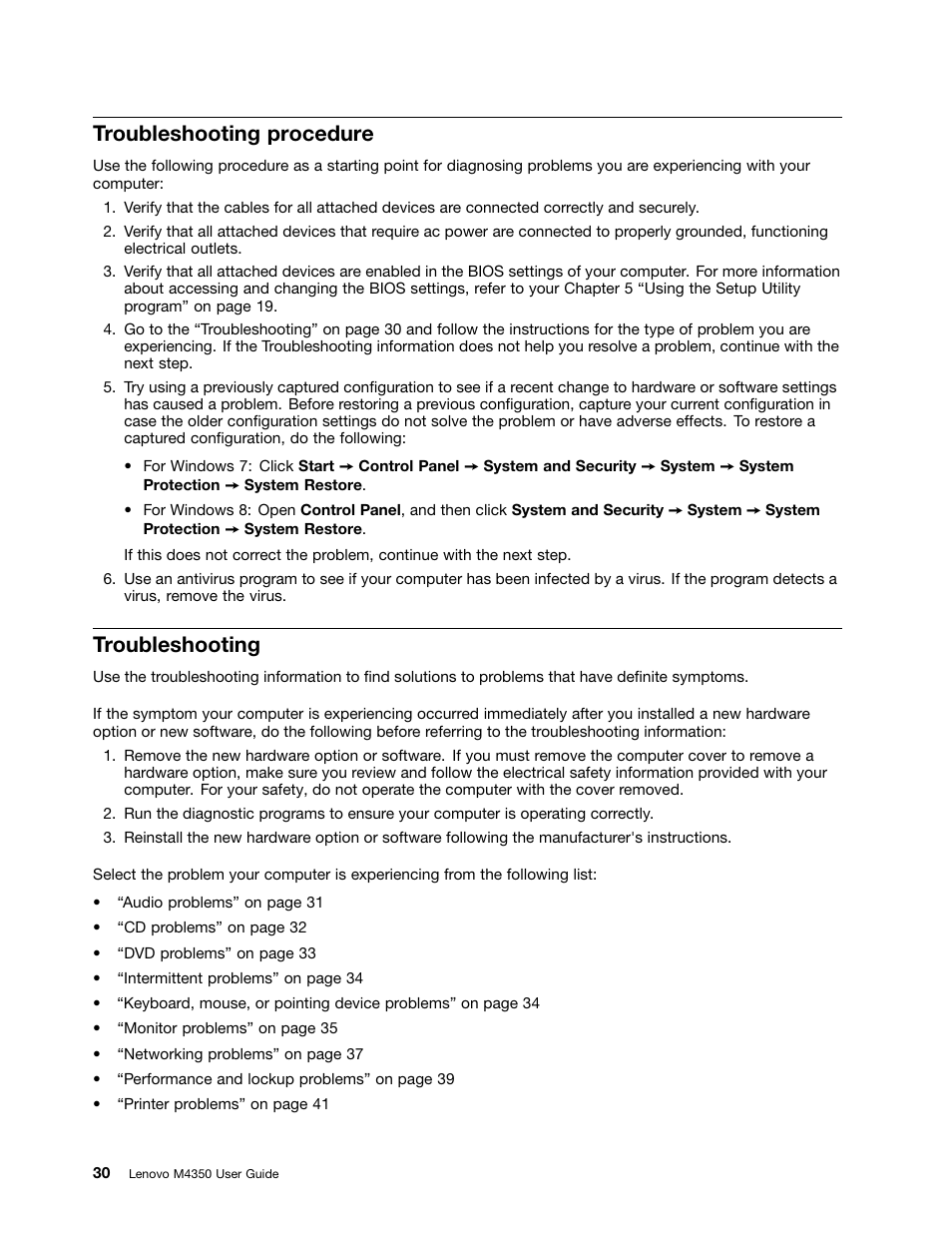 Troubleshooting procedure, Troubleshooting | Lenovo M4350 Desktop User Manual | Page 40 / 70