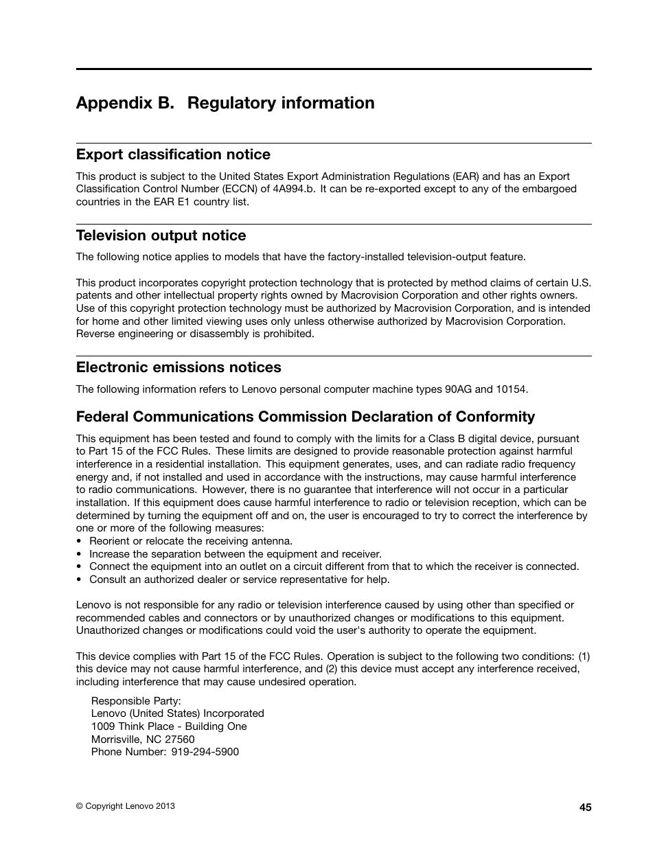 Appendix b. regulatory information, Export classification notice, Television output notice | Electronic emissions notices | Lenovo M4350 Desktop User Manual | Page 55 / 70