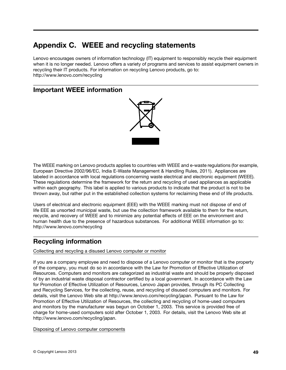 Appendix c. weee and recycling statements, Important weee information, Recycling information | Lenovo M4350 Desktop User Manual | Page 59 / 70