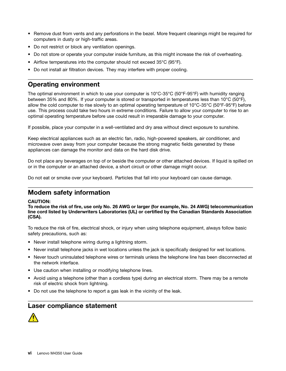Operating environment, Modem safety information, Laser compliance statement | Lenovo M4350 Desktop User Manual | Page 8 / 70