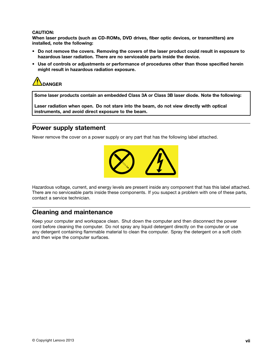 Power supply statement, Cleaning and maintenance | Lenovo M4350 Desktop User Manual | Page 9 / 70