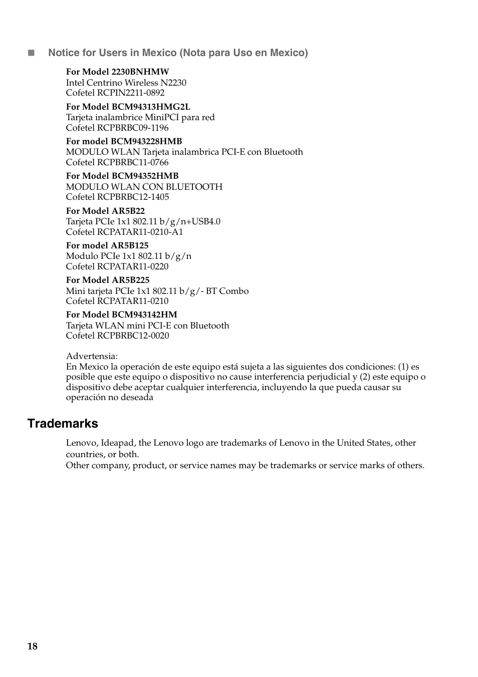 Trademarks | Lenovo IdeaPad Y510p Notebook User Manual | Page 19 / 20