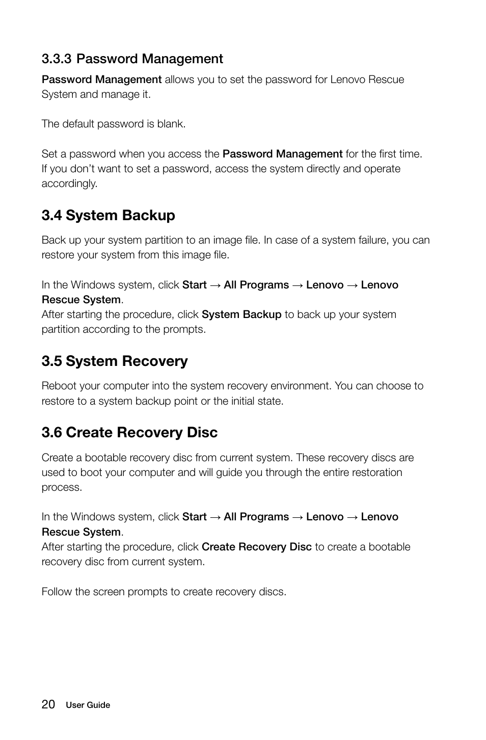 4 system backup, 5 system recovery, 6 create recovery disc | 3 password management | Lenovo C205 All-In-One User Manual | Page 25 / 35