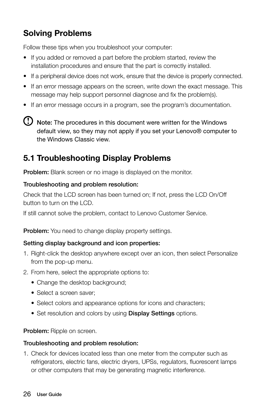 1 troubleshooting display problems, Solving problems | Lenovo C205 All-In-One User Manual | Page 31 / 35