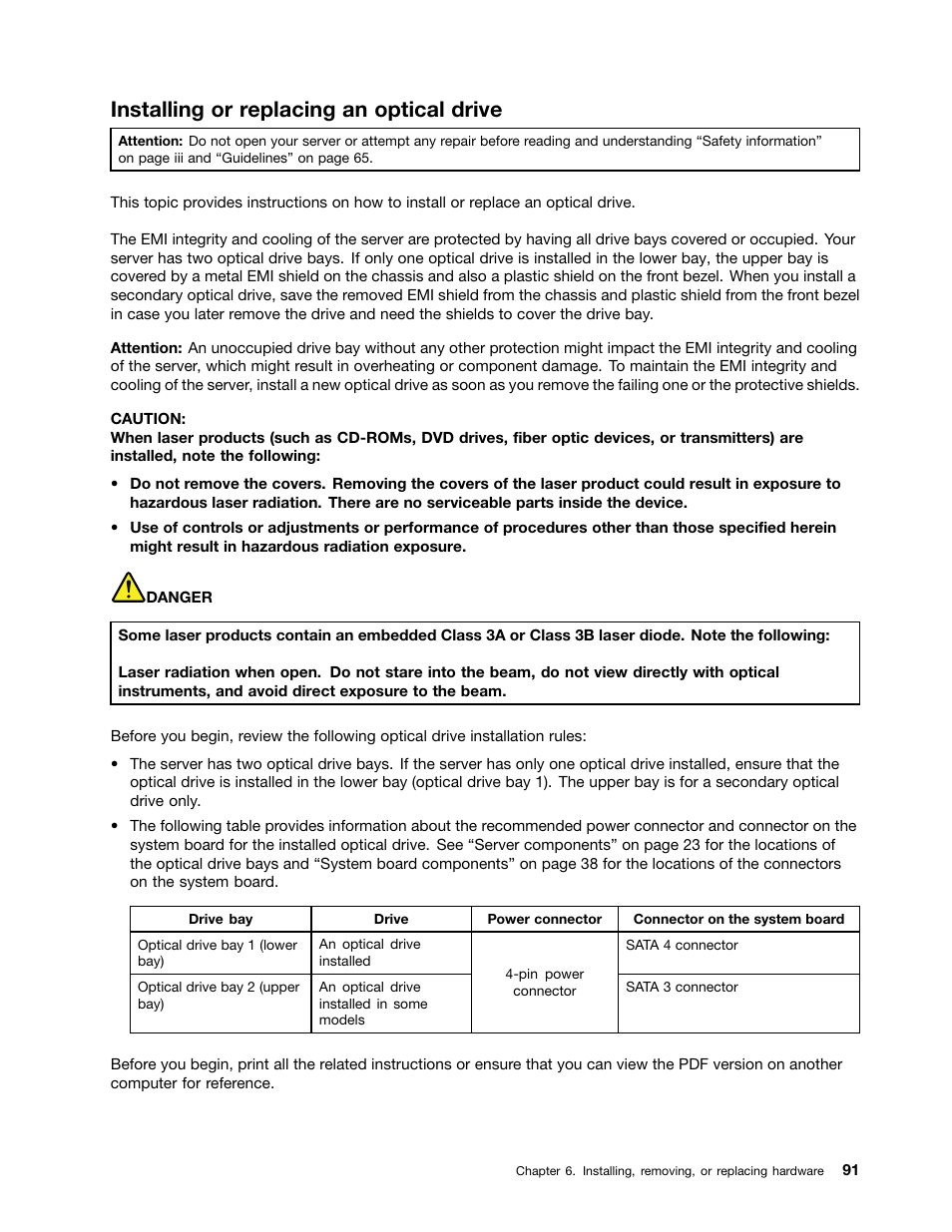 Installing or replacing an optical drive | Lenovo ThinkServer TS440 User Manual | Page 103 / 196