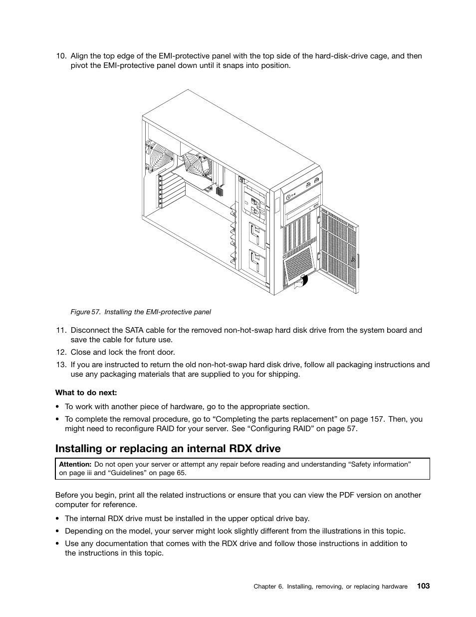 Installing or replacing an internal rdx drive | Lenovo ThinkServer TS440 User Manual | Page 115 / 196