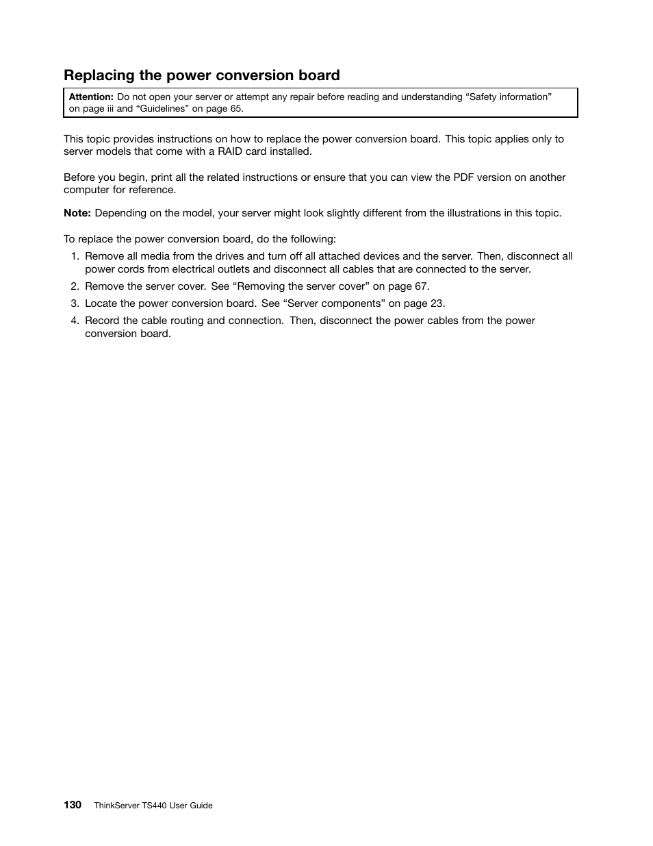 Replacing the power conversion board | Lenovo ThinkServer TS440 User Manual | Page 142 / 196