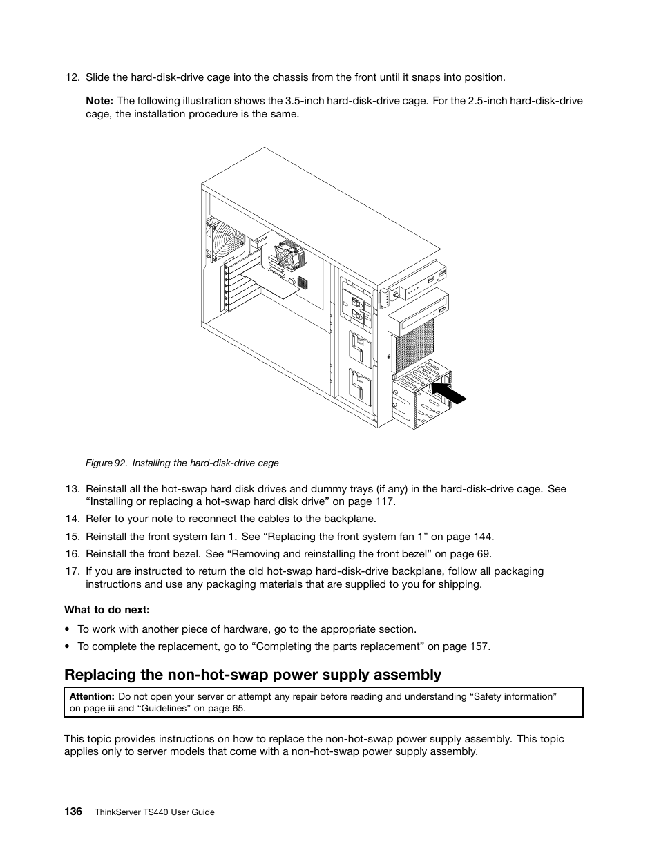 Replacing the non-hot-swap power supply assembly | Lenovo ThinkServer TS440 User Manual | Page 148 / 196