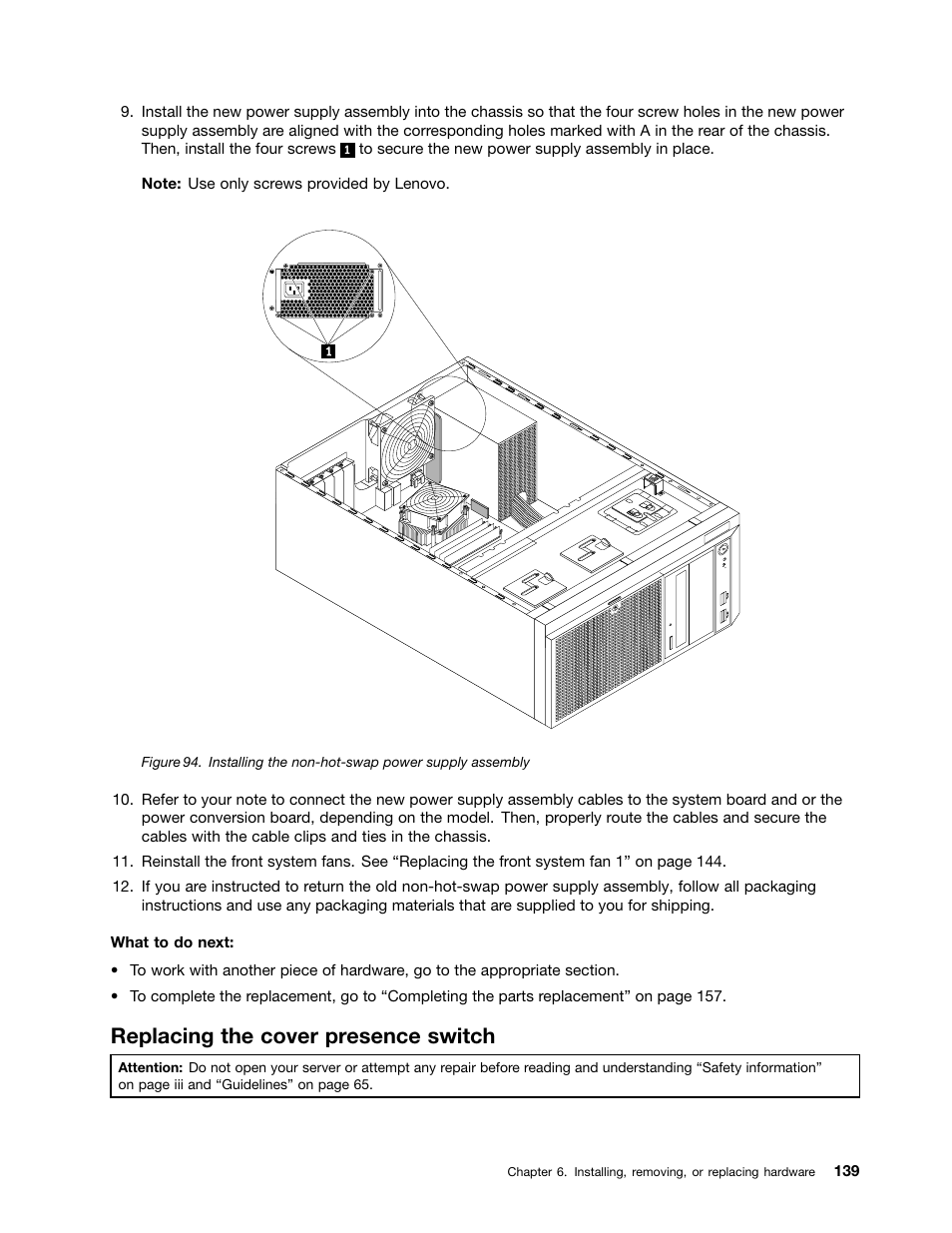 Replacing the cover presence switch | Lenovo ThinkServer TS440 User Manual | Page 151 / 196