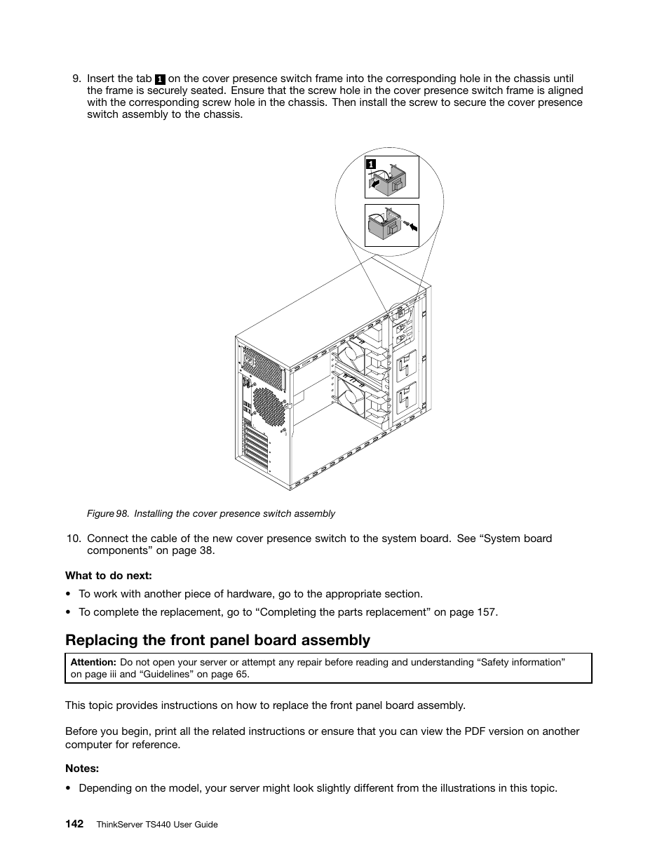 Replacing the front panel board assembly | Lenovo ThinkServer TS440 User Manual | Page 154 / 196