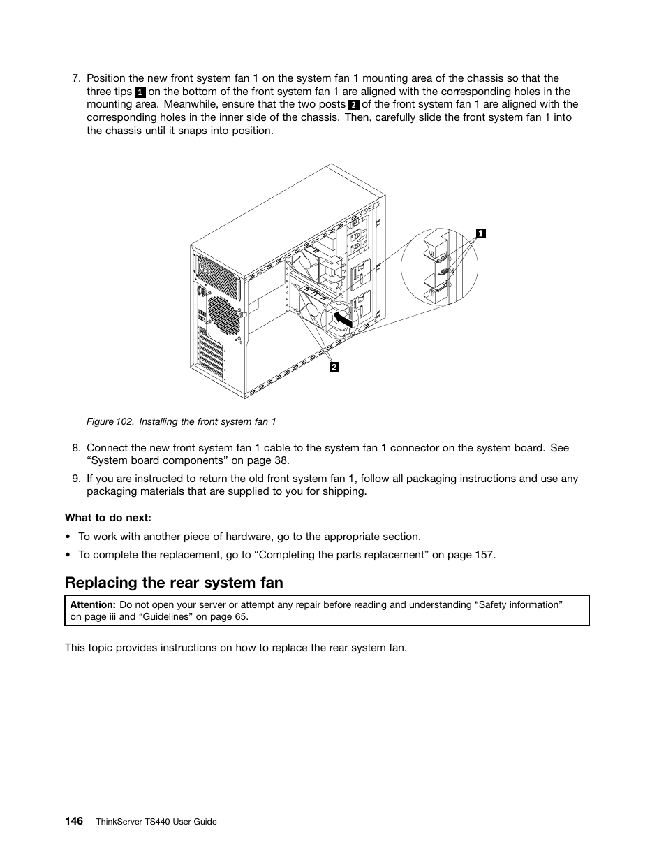 Replacing the rear system fan | Lenovo ThinkServer TS440 User Manual | Page 158 / 196