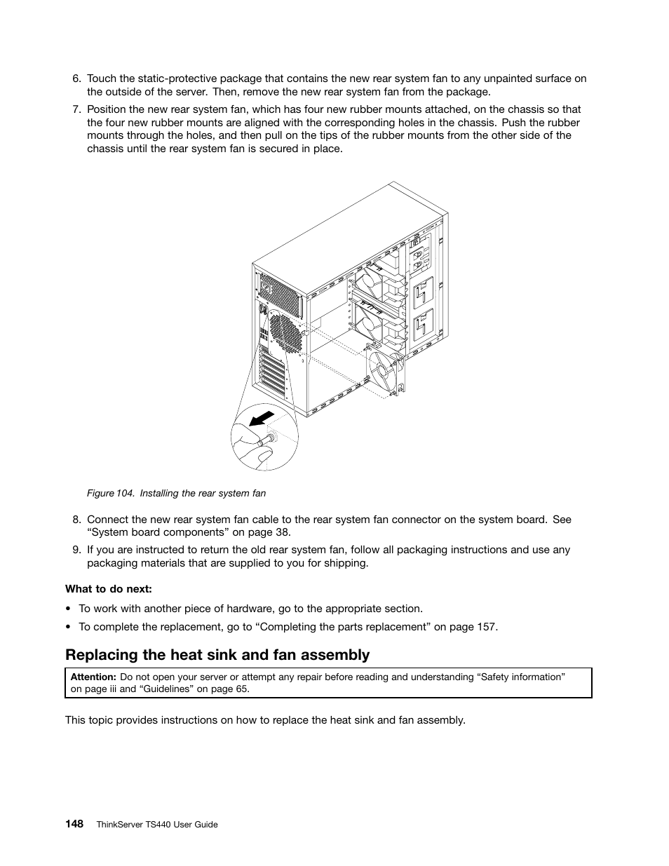 Replacing the heat sink and fan assembly | Lenovo ThinkServer TS440 User Manual | Page 160 / 196