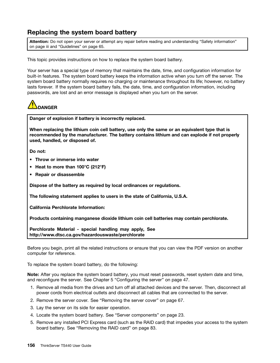 Replacing the system board battery | Lenovo ThinkServer TS440 User Manual | Page 168 / 196