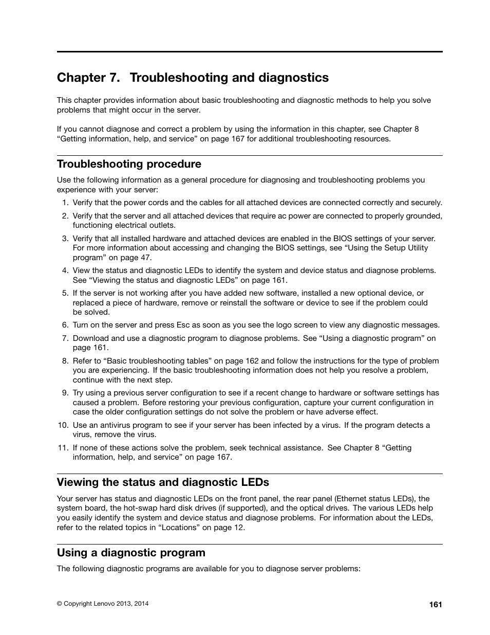 Chapter 7. troubleshooting and diagnostics, Troubleshooting procedure, Viewing the status and diagnostic leds | Using a diagnostic program | Lenovo ThinkServer TS440 User Manual | Page 173 / 196