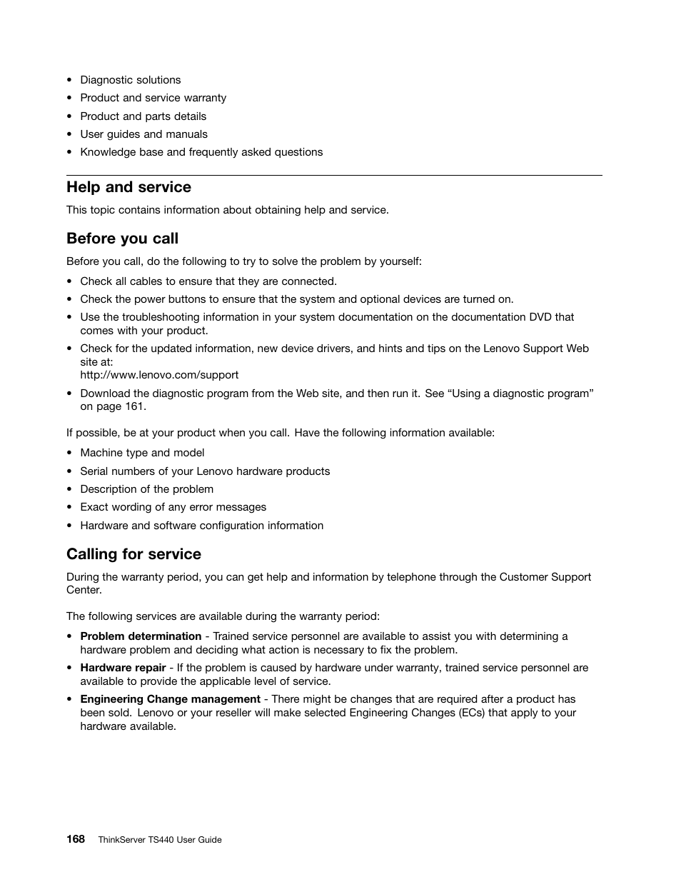 Help and service, Before you call, Calling for service | Lenovo ThinkServer TS440 User Manual | Page 180 / 196