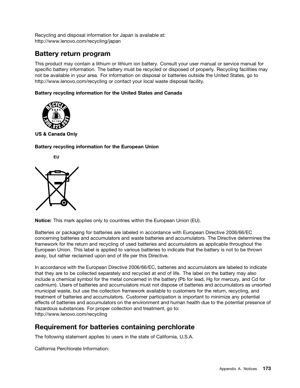Battery return program, Requirement for batteries containing perchlorate | Lenovo ThinkServer TS440 User Manual | Page 185 / 196