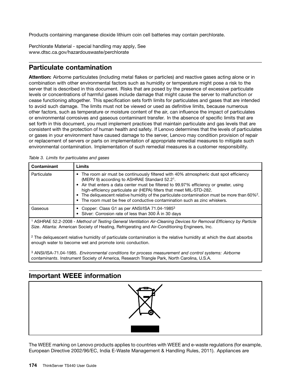 Particulate contamination, Important weee information | Lenovo ThinkServer TS440 User Manual | Page 186 / 196