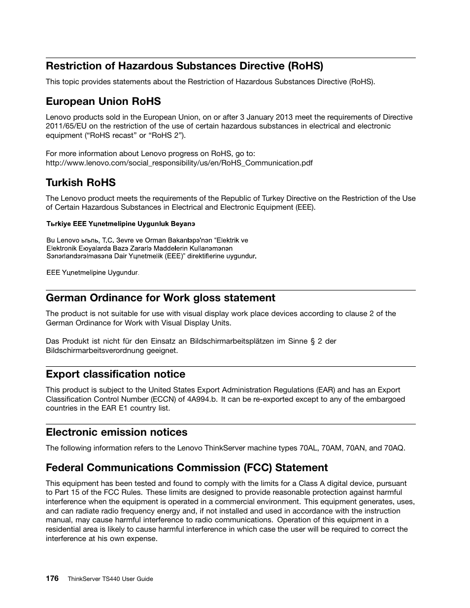 European union rohs, Turkish rohs, German ordinance for work gloss statement | Export classification notice, Electronic emission notices, Federal communications commission (fcc) statement | Lenovo ThinkServer TS440 User Manual | Page 188 / 196