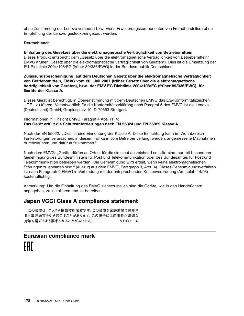 Japan vcci class a compliance statement, Eurasian compliance mark | Lenovo ThinkServer TS440 User Manual | Page 190 / 196
