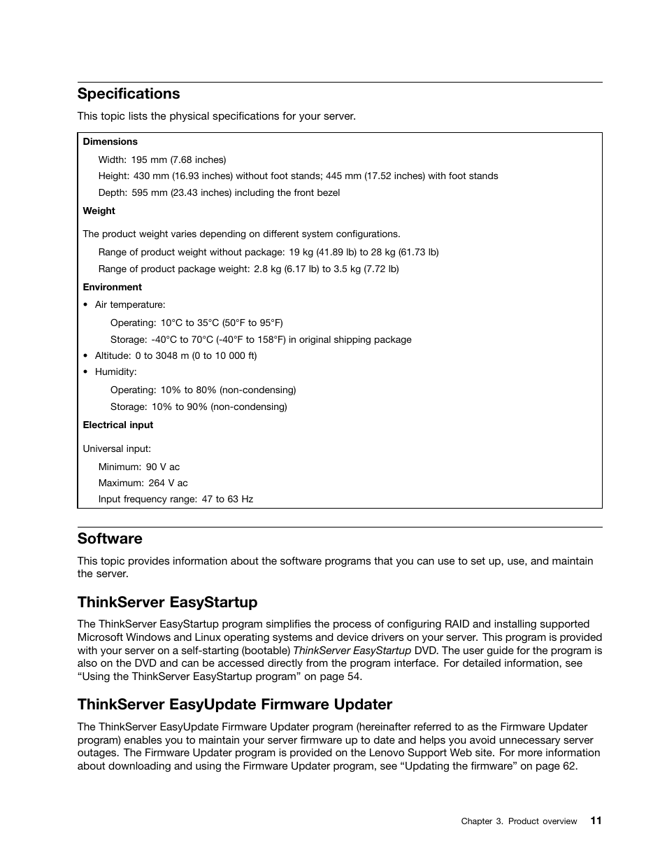 Specifications, Software, Thinkserver easystartup | Thinkserver easyupdate firmware updater | Lenovo ThinkServer TS440 User Manual | Page 23 / 196